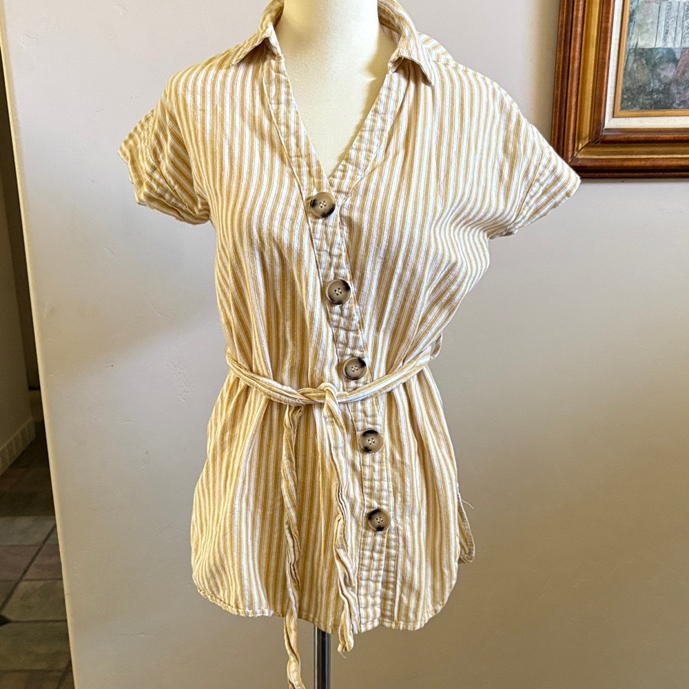 Striped Belted Button-Up Women's Top